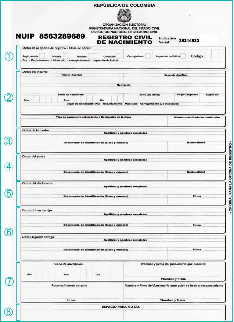 Ejemplo Registro civil nacimiento para oficina de registro